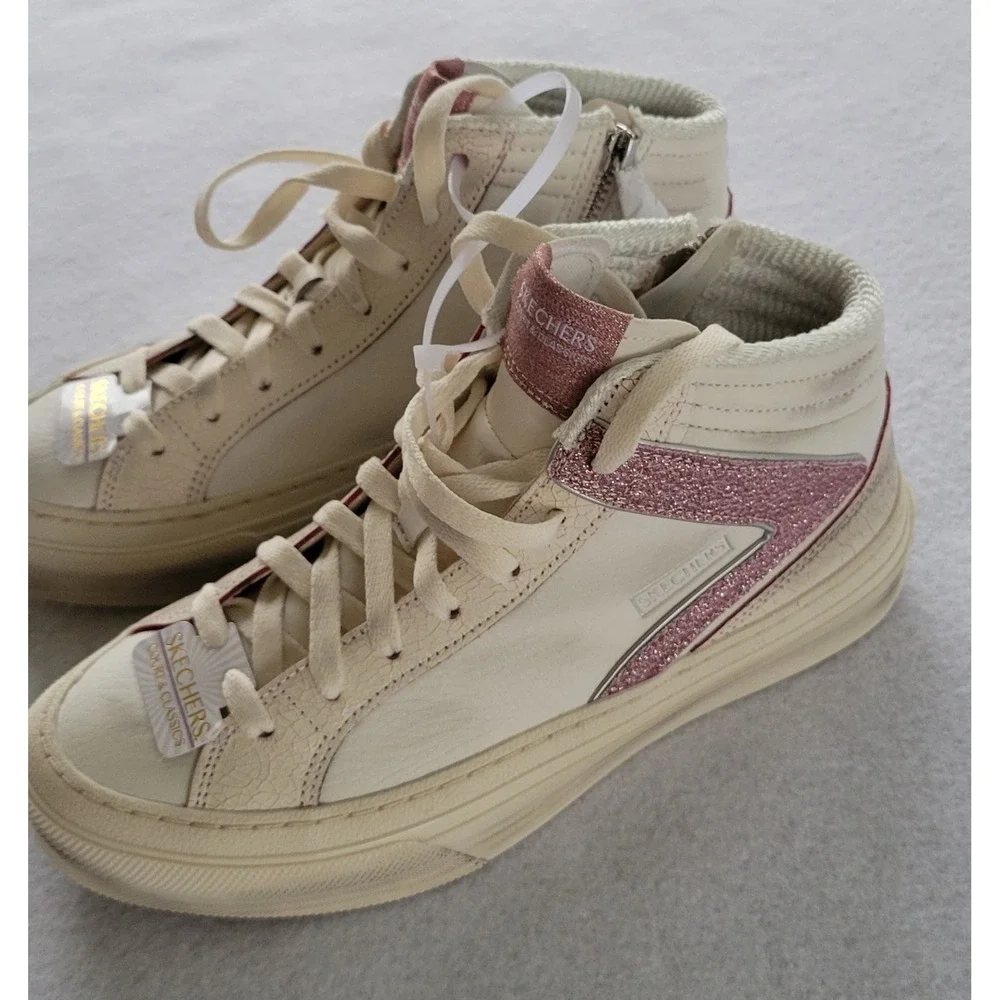 NEW SKECHERS COURT & CLASSIC SKX WHITE AND METALLIC PINK HIGH-TOP SNEAKERS Sz6.5